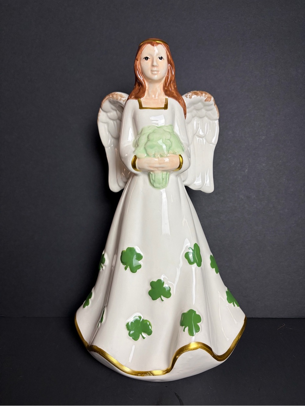 White Ceramic Angel Figurine with Green Shamrocks